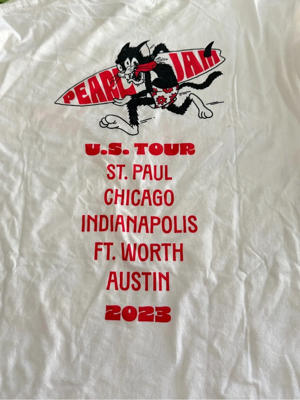 Pearl Jam White Tee with Red & Black Surfing Cat Graphic